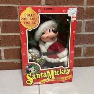 Vintage Arco Disney's Christmas Santa Mickey Fully Poseable #6333 Bell And Card